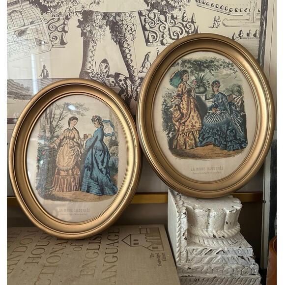 2 vintage Framed Victorian French Fashion Prints La Mode Illustree oval set - Picture 1 of 12
